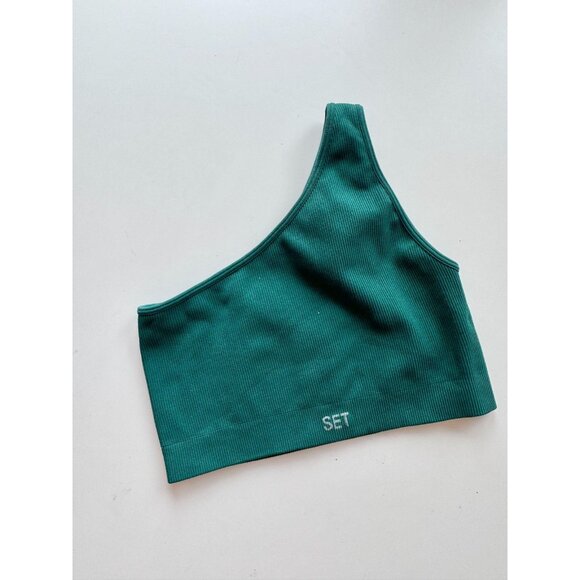 SET ACTIVE Mojito Dark Green Seamless Ribbed One Shoulder Sports Bra Top, Size S - Picture 4 of 10
